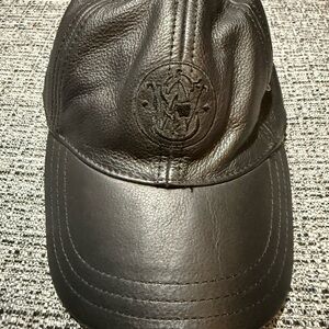 Black Leather Cap with Stitched Smith and Wesson Logo